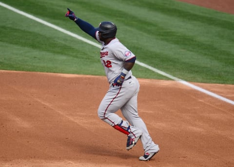 Minnesota Twins first baseman Miguel Sano reacts after hitting a grand slam home run against the Los Angeles Angels. Mandatory Credit: Gary A. Vasquez-USA TODAY Sports