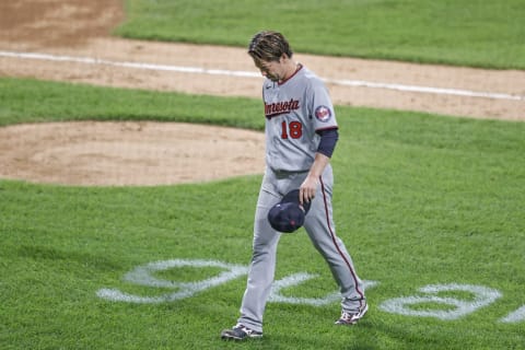 Minnesota Twins starting pitcher Kenta Maeda leaves a baseball game against the Chicago White Sox during the fifth inning at Guaranteed Rate Field. Mandatory Credit: Kamil Krzaczynski-USA TODAY Sports