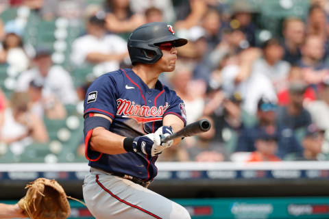 Minnesota Twins right fielder Alex Kirilloff hits a single in the seventh inning. (Rick Osentoski-USA TODAY Sports)