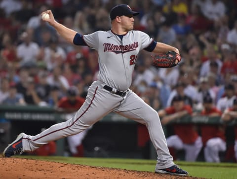 Minnesota Twins relief pitcher Tyler Duffey pitches during the seventh inning against the Boston Red Sox at Fenway Park. Mandatory Credit: Bob DeChiara-USA TODAY Sports