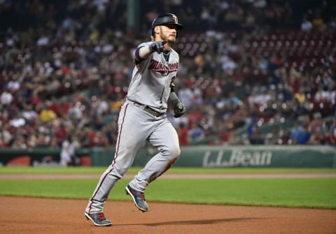 Minnesota Twins designated hitter Josh Donaldson reacts after hitting a two run home run during the tenth inning against the Boston Red Sox at Fenway Park. Mandatory Credit: Bob DeChiara-USA TODAY Sports