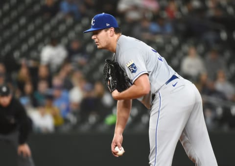 Kansas City Royals starting pitcher Brad Keller looks for the sign against the Seattle Mariners. (James Snook-USA TODAY Sports)