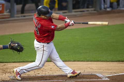 Minnesota Twins third baseman Willians Astudillo hits a single in the second inning against the Milwaukee Brewers at Target Field. (Jesse Johnson-USA TODAY Sports)