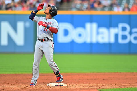 Minnesota Twins second baseman Jorge Polanco celebrates after hitting a double against the Cleveland Indians during the fifth inning at Progressive Field. (Ken Blaze-USA TODAY Sports)