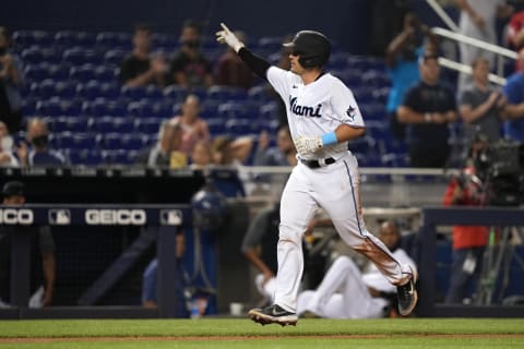 Miami Marlins catcher Nick Fortes celebrates his solo home run while rounding the bases in the 5th inning against the Washington Nationals. (Jasen Vinlove-USA TODAY Sports)