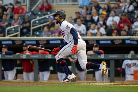 Minnesota Twins center fielder Byron Buxton hits a single during the first inning against the Toronto Blue Jays at Target Field. (Jordan Johnson-USA TODAY Sports)