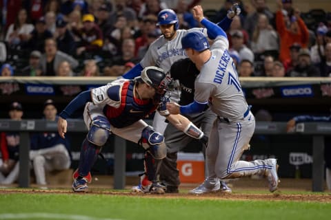 Minnesota Twins catcher Mitch Garver tags out Toronto Blue Jays left fielder Corey Dickerson during the sixth inning at Target Field. (Jordan Johnson-USA TODAY Sports)