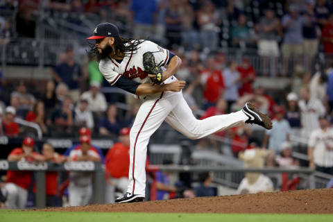 Atlanta Braves relief pitcher Richard Rodriguez throws a pitch against the Philadelphia Phillies. (Jason Getz-USA TODAY Sports)