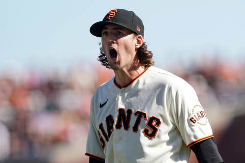 San Francisco Giants starting pitcher Kevin Gausman reacts after the final out of the top of the seventh inning against the San Diego Padres. Darren Yamashita-USA TODAY Sports