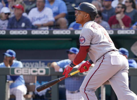 Minnesota Twins second base Jorge Polanco hits a three run home run against the Kansas City Royals in the first inning at Kauffman Stadium. (Denny Medley-USA TODAY Sports)