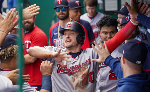 Minnesota Twins designated hitter Josh Donaldson is congratulated in the dugout. (Denny Medley-USA TODAY Sports)