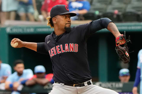 Cleveland Indians relief pitcher Emmanuel Clase delivers the final pitch of the game against the Texas Rangers. (Jim Cowsert-USA TODAY Sports)