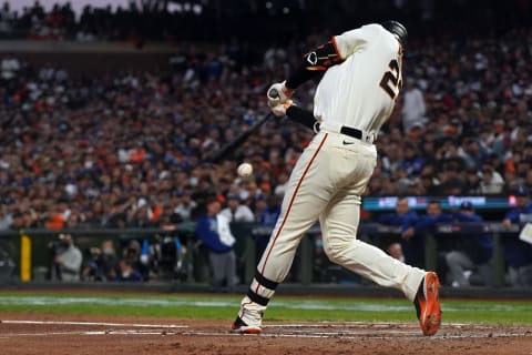 San Francisco Giants center fielder Kris Bryant hits an infield single against the Los Angeles Dodgers. (Neville E. Guard-USA TODAY Sports)