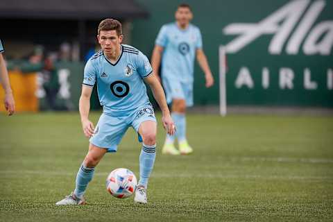 Minnesota United midfielder Will Trapp dribbles the ball against the Portland Timbers. (Soobum Im-USA TODAY Sports)