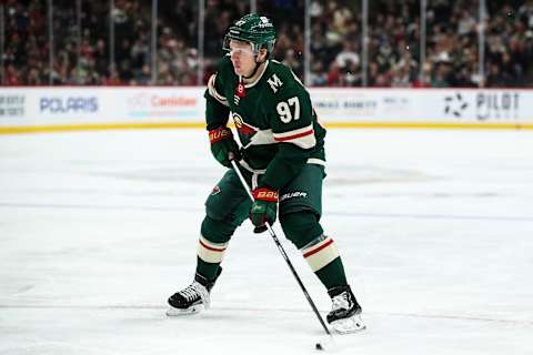 Minnesota Wild left wing Kirill Kaprizov skates with the puck against the Buffalo Sabres. (David Berding-USA TODAY Sports)