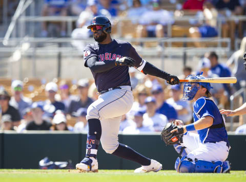 Cleveland Guardians outfielder Franmil Reyes swings against the Los Angeles Dodgers during a spring training game. (Mark J. Rebilas-USA TODAY Sports)