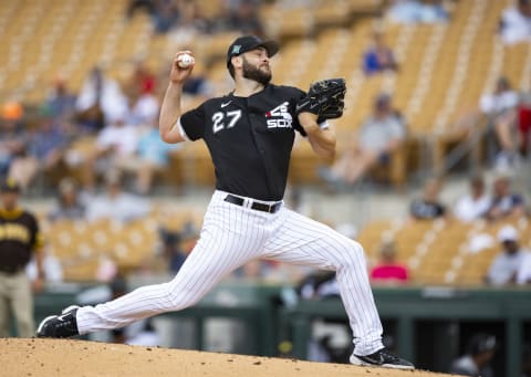 Chicago White Sox pitcher Lucas Giolito throws against the San Diego Padres during a spring training game. (Mark J. Rebilas-USA TODAY Sports)