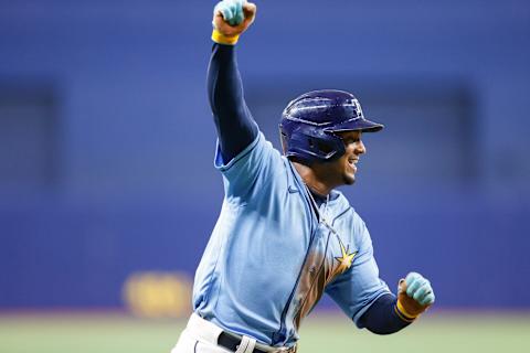 Tampa Bay Rays shortstop Wander Franco celebrates after scoring the winning run against the Oakland Athletics. (Nathan Ray Seebeck-USA TODAY Sports)