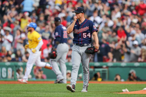 Minnesota Twins starting pitcher Sonny Gray reacts after a home run by Boston Red Sox left fielder Alex Verdugo: Paul Rutherford-USA TODAY Sports