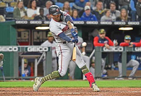 Minnesota Twins shortstop Carlos Correa hits a two run double against the Kansas City Royals. (Peter Aiken-USA TODAY Sports)