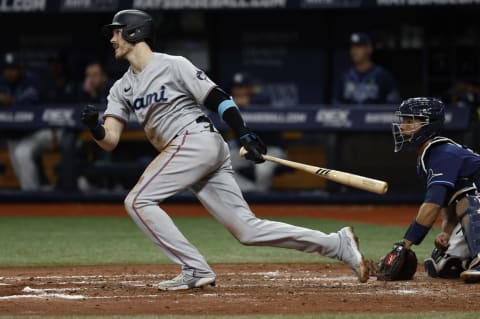 Miami Marlins third baseman Brian Anderson singles during the fourth inning against the Tampa Bay Rays. (Kim Klement-USA TODAY Sports)