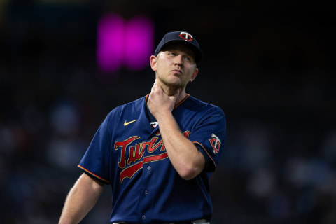 Minnesota Twins relief pitcher Tyler Duffey reacts during the eighth inning against the Kansas City Royals at Target Field. (Jordan Johnson-USA TODAY Sports)