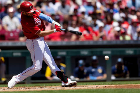 Cincinnati Reds third baseman Brandon Drury hits against the Milwaukee Brewers.