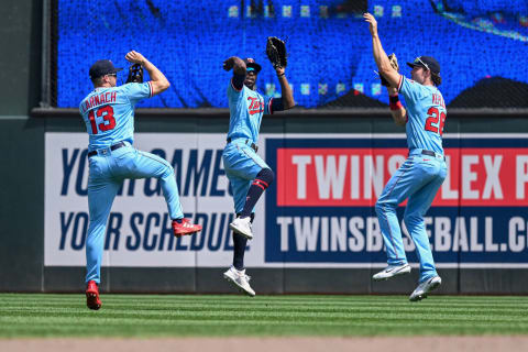 Minnesota Twins outfielders Trevor Larnach, Nick Gordon, and Max Kepler celebrate a victory. (Nick Wosika-USA TODAY Sports)