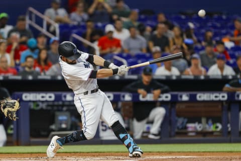 Miami Marlins left fielder Jon Berti hits a double during the first inning against the New York Mets. (Sam Navarro-USA TODAY Sports)