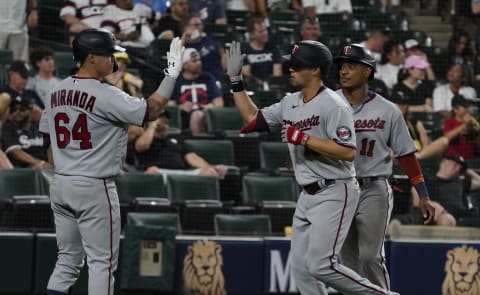 Minnesota Twins left fielder Alex Kirilloff is greeted by third baseman Jose Miranda after hitting a two run home run against the Chicago White Sox. (David Banks-USA TODAY Sports)