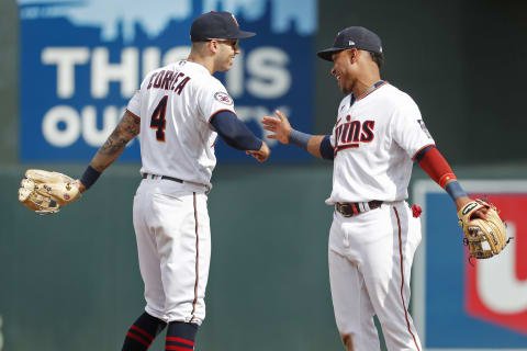 Minnesota Twins shortstop Carlos Correa and second baseman Jorge Polanco celebrate the win over the Chicago White Sox. (Bruce Kluckhohn-USA TODAY Sports)