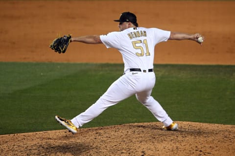 National League relief pitcher David Bednar of the Pittsburgh Pirates pitches against the American League in the ninth inning at Dodger Stadium. (Orlando Ramirez-USA TODAY Sports)