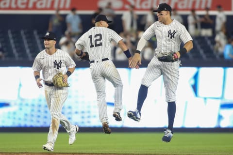 New York Yankees shortstop Isiah Kiner-Falefa and right fielder Aaron Judge celebrate after defeating the Kansas City Royals. (Wendell Cruz-USA TODAY Sports)