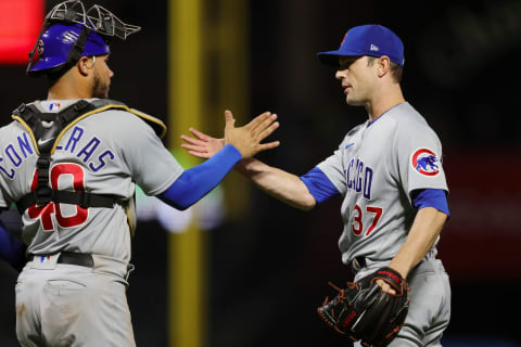 Chicago Cubs relief pitcher David Robertson celebrates with catcher Willson Contreras after the game against the San Francisco Giants. (Sergio Estrada-USA TODAY Sports)