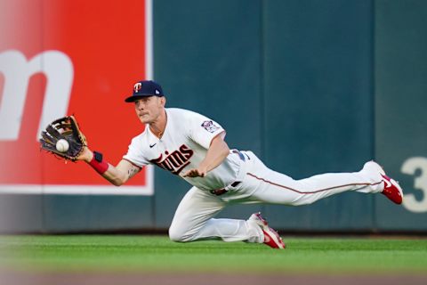 Minnesota Twins right fielder Max Kepler fields a fly ball against the Boston Red Sox. (Brad Rempel-USA TODAY Sports)