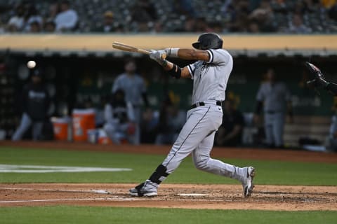 Chicago White Sox shortstop Elvis Andrus reaches first base on an error. (Robert Edwards-USA TODAY Sports)