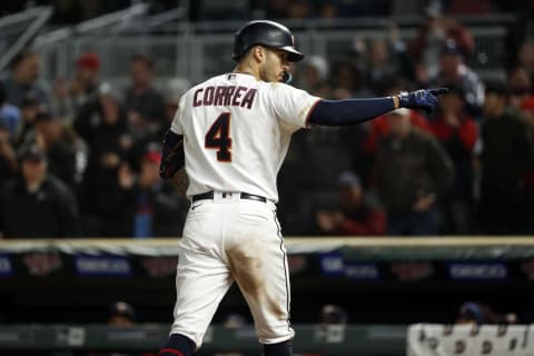 Minnesota Twins shortstop Carlos Correa hits a two run home run against the Cleveland Guardians. (Bruce Kluckhohn-USA TODAY Sports)