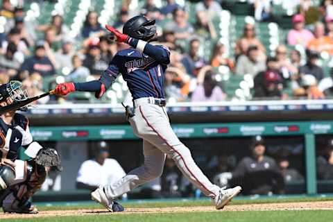 Minnesota Twins second baseman Nick Gordon drives in a run with a sacrifice fly against the Detroit Tigers. (Lon Horwedel-USA TODAY Sports)