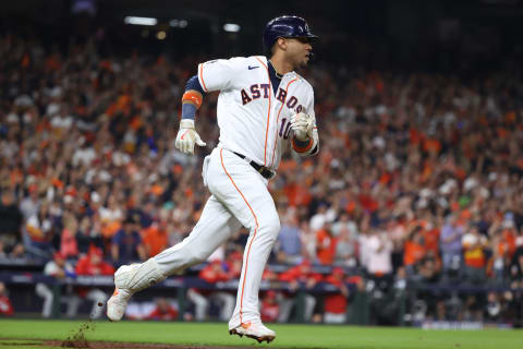 Houston Astros first baseman Yuli Gurriel hits a single against the Philadelphia Phillies. (Troy Taormina-USA TODAY Sports)