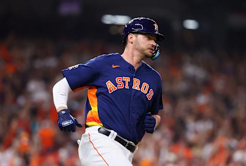 Houston Astros first baseman Trey Mancini runs to first after hitting a single. (Troy Taormina-USA TODAY Sports)