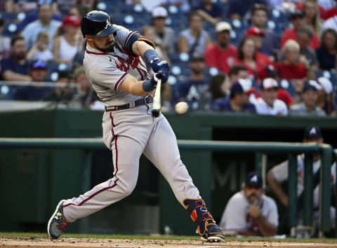 Atlanta Braves left fielder Adam Duvall hits a single against the Washington Nationals. (Brad Mills-USA TODAY Sports)