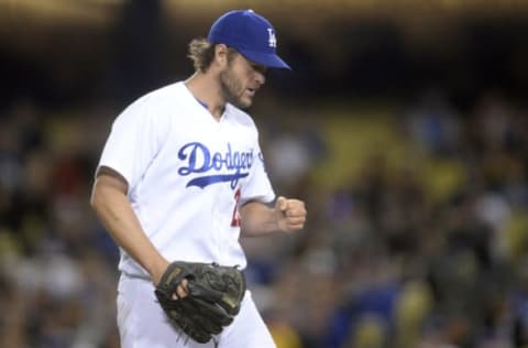 April 14, 2017; Los Angeles, CA, USA; Los Angeles Dodgers starting pitcher Clayton Kershaw (22) reacts after the top half of the fourth inning against the Arizona Diamondbacks at Dodger Stadium. Mandatory Credit: Gary A. Vasquez-USA TODAY Sports