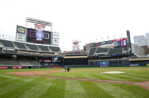 Apr 15, 2017; Minneapolis, MN, USA; Minnesota Twins grounds crew on the field prior to the game against the Chicago White Sox at Target Field. Mandatory Credit: Jordan Johnson-USA TODAY Sports