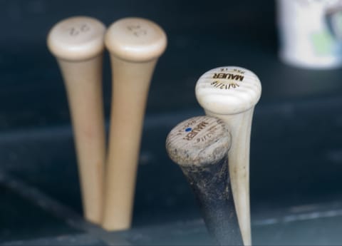 Apr 16, 2017; Minneapolis, MN, USA; Minnesota Twins first baseman Joe Mauer’s (7) bats wait in the dugout prior to the game between the Minnesota Wolves and the Chicago White Sox at Target Field. Mandatory Credit: Marilyn Indahl-USA TODAY Sports