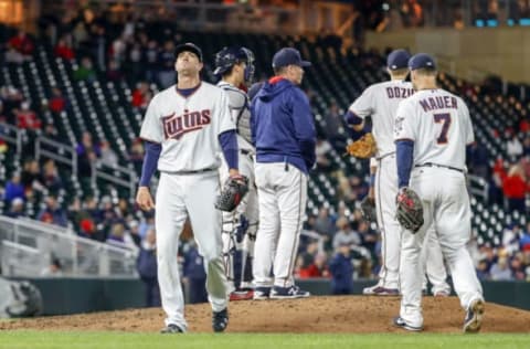 Apr 17, 2017; Minneapolis, MN, USA; Minnesota Twins starting pitcher Kyle Gibson (44) walks to the dugout after being relieved during the sixth inning against the Cleveland Indians at Target Field. Mandatory Credit: Jordan Johnson-USA TODAY Sports