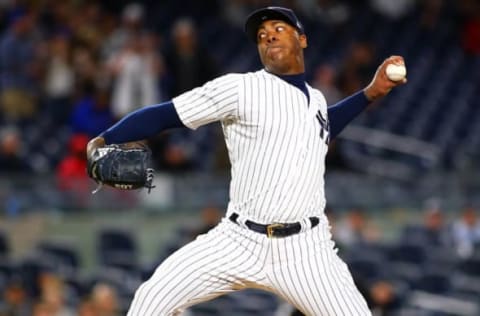 Apr 17, 2017; Bronx, NY, USA; New York Yankees pitcher Aroldis Chapman (54) pitches against the Chicago White Sox during the ninth inning at Yankee Stadium. The Yankees won 7-4. Mandatory Credit: Andy Marlin-USA TODAY Sports