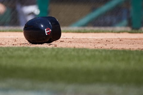 Apr 12, 2017; Detroit, MI, USA; Minnesota Twins helmet on the field during the game against the Detroit Tigers at Comerica Park. Mandatory Credit: Rick Osentoski-USA TODAY Sports