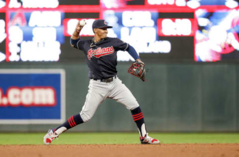 Apr 18, 2017; Minneapolis, MN, USA; Cleveland Indians shortstop Francisco Lindor (12) throws to first base for the out during the second inning against the Minnesota Twins at Target Field. Mandatory Credit: Jordan Johnson-USA TODAY Sports