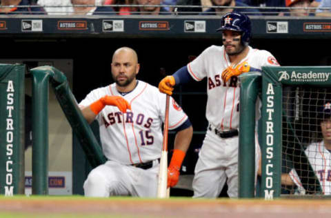 Apr 17, 2017; Houston, TX, USA; Houston Astros right fielder Carlos Beltran (15) and Houston Astros second baseman Jose Altuve (27) observe action from the dugout during the game against the Los Angeles Angels at Minute Maid Park. Mandatory Credit: Erik Williams-USA TODAY Sports