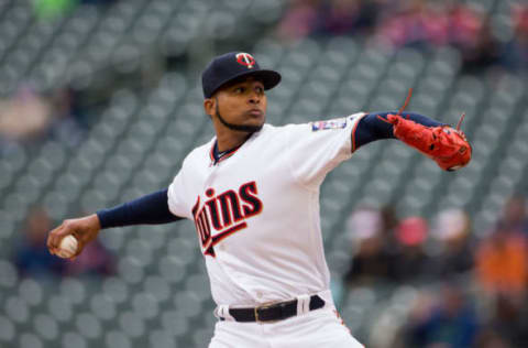 Apr 20, 2017; Minneapolis, MN, USA; Minnesota Twins starting pitcher Ervin Santana (54) pitches in the first inning against the Cleveland Indians at Target Field. Mandatory Credit: Brad Rempel-USA TODAY Sports